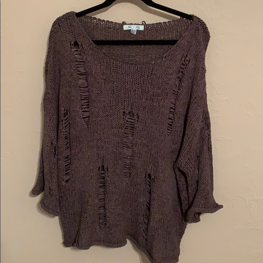 She & Sky Distressed Knit Sweater, L